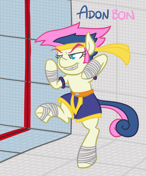 Size: 583x700 | Tagged: safe, artist:atlur, banned from derpibooru, deleted from derpibooru, derpibooru import, bon bon, sweetie drops, pony, adon, bipedal, bonafied, bonpun, clothes, crossover, grin, headband, martial arts, muay thai, pants, pun, smiling, solo, street fighter