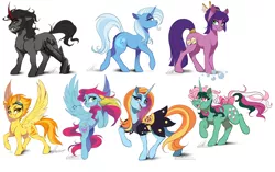 Size: 2000x1258 | Tagged: dead source, safe, artist:dvixie, banned from derpibooru, deleted from derpibooru, derpibooru import, fizzy, kimono, king sombra, sassy saddles, spitfire, thistle whistle, trixie, earth pony, pegasus, pony, twinkle eyed pony, unicorn, angry, bow, bubble, clothes, dress, ear fluff, fangs, female, floppy ears, flying, frown, g1, g3, glare, goggles, grin, hair accessory, happy, looking at you, male, mare, music notes, raised leg, raised tail, ribbon, running, saddle, scowl, signature, simple background, smiling, smug, spread wings, stallion, standing, tack, tail, tail bow, teeth, whistling, white background, wings