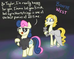 Size: 800x641 | Tagged: safe, artist:atlur, banned from derpibooru, deleted from derpibooru, derpibooru import, bon bon, sweetie drops, ponified, pony, bonafied, bonpun, clothes, crossover, imma let you finish, jacket, kanye interrupts, kanye west, microphone, pun, sunglasses, taylor swift