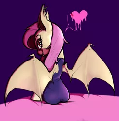 Size: 1117x1139 | Tagged: suggestive, artist:sand-filled-scarecrow, banned from derpibooru, deleted from derpibooru, derpibooru import, fluttershy, bat pony, pony, bat ponified, bat wings, bed, bedroom eyes, butt, clothes, dress, flutterbat, heart, looking at you, looking back, plot, race swap, solo, wings