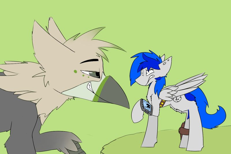 Size: 1280x856 | Tagged: safe, artist:input-command, banned from derpibooru, deleted from derpibooru, derpibooru import, oc, oc:ralek, oc:sapphire sights, unofficial characters only, gryphon, fallout equestria, eared griffon, grin, gun, handgun, holster, implying, piercing, pipbuck, pistol, size difference, smiling, weapon