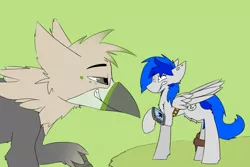Size: 1280x856 | Tagged: safe, artist:input-command, banned from derpibooru, deleted from derpibooru, derpibooru import, oc, oc:ralek, oc:sapphire sights, unofficial characters only, gryphon, fallout equestria, eared griffon, grin, gun, handgun, holster, implying, piercing, pipbuck, pistol, size difference, smiling, weapon
