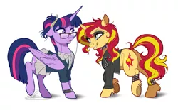 Size: 1023x633 | Tagged: safe, artist:dvixie, banned from derpibooru, deleted from derpibooru, derpibooru import, sunset shimmer, twilight sparkle, twilight sparkle (alicorn), ponified, alicorn, pony, unicorn, equestria girls, friendship games, alternate hairstyle, bedroom eyes, butt, choker, clothes, ear fluff, equestria girls ponified, eyeliner, eyeshadow, female, floppy ears, glasses, jacket, leather jacket, lesbian, lidded eyes, looking at each other, makeup, mascara, nerd, open mouth, pencil, plot, punk, raised leg, shipping, simple background, skirt, smiling, spiked choker, sunsetsparkle, underhoof, unshorn fetlocks, white background