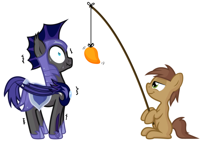 Size: 3569x2493 | Tagged: safe, artist:vito, banned from derpibooru, deleted from derpibooru, derpibooru import, oc, oc:au hasard, unofficial characters only, bat pony, pony, armor, colt, fishing rod, food, male, mango, night guard, pure unfiltered evil, royal guard, scrunchy face, simple background, slit eyes, smug, stallion, suspicious floating fruit, that batpony sure does love mangoes, weapon