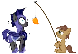 Size: 3569x2493 | Tagged: safe, artist:vito, banned from derpibooru, deleted from derpibooru, derpibooru import, oc, oc:au hasard, unofficial characters only, bat pony, pony, armor, colt, fishing rod, food, male, mango, night guard, pure unfiltered evil, royal guard, scrunchy face, simple background, slit eyes, smug, stallion, suspicious floating fruit, that batpony sure does love mangoes, weapon