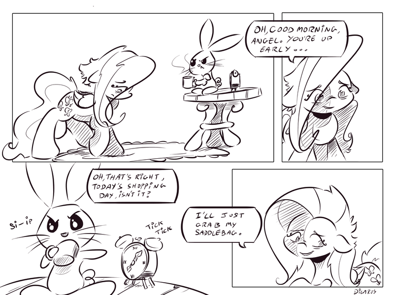 Size: 4000x3000 | Tagged: safe, artist:dilarus, banned from derpibooru, deleted from derpibooru, derpibooru import, angel bunny, fluttershy, comic:the best of intentions, black and white, comic, grayscale, monochrome