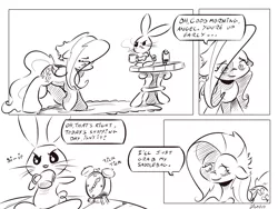 Size: 4000x3000 | Tagged: safe, artist:dilarus, banned from derpibooru, deleted from derpibooru, derpibooru import, angel bunny, fluttershy, comic:the best of intentions, black and white, comic, grayscale, monochrome