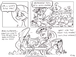 Size: 4000x3000 | Tagged: safe, artist:dilarus, banned from derpibooru, deleted from derpibooru, derpibooru import, fluttershy, rarity, comic:the best of intentions, black and white, comic, food, grayscale, monochrome, tea