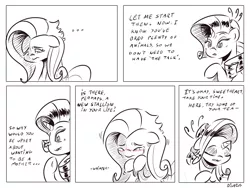 Size: 4000x3000 | Tagged: safe, artist:dilarus, banned from derpibooru, deleted from derpibooru, derpibooru import, fluttershy, rarity, comic:the best of intentions, black and white, comic, food, grayscale, monochrome, tea