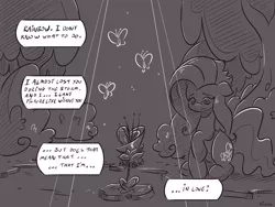 Size: 4000x3000 | Tagged: safe, artist:dilarus, banned from derpibooru, deleted from derpibooru, derpibooru import, fluttershy, comic:the best of intentions, comic, everfree forest, grayscale, monochrome, solo