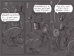 Size: 4000x3000 | Tagged: safe, artist:dilarus, banned from derpibooru, deleted from derpibooru, derpibooru import, fluttershy, zecora, zebra, comic:the best of intentions, comic, everfree forest, grayscale, monochrome