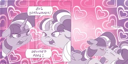 Size: 4000x2000 | Tagged: suggestive, artist:dilarus, banned from derpibooru, deleted from derpibooru, derpibooru import, starlight glimmer, twilight sparkle, twilight sparkle (alicorn), alicorn, pony, meet-the-pones, argument, female, kissing, lesbian, mare, shipping, tsundere, twistarlight