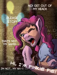 Size: 911x1200 | Tagged: semi-grimdark, artist:acesential, banned from derpibooru, deleted from derpibooru, derpibooru import, pinkie pie, horror, human to pony, mind control, rule 63, solo, transformation, transgender transformation