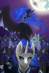 Size: 1024x1502 | Tagged: safe, artist:ryhaal, banned from derpibooru, deleted from derpibooru, derpibooru import, nightmare moon, rainbow dash, rarity, bat pony, pony, the cutie re-mark, alternate hairstyle, alternate timeline, armor, moon, night guard, night guard dash, night maid rarity, nightmare takeover timeline
