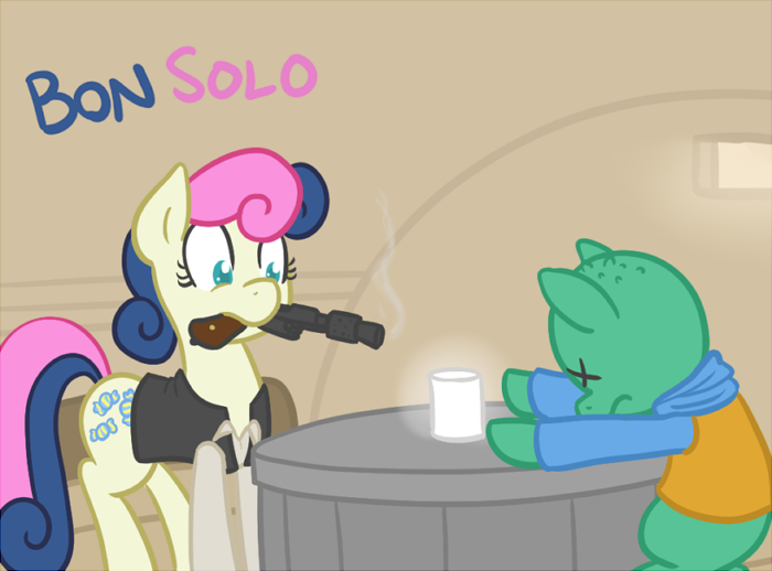 Size: 700x518 | Tagged: safe, artist:atlur, banned from derpibooru, deleted from derpibooru, derpibooru import, bon bon, sweetie drops, ponified, pony, bonafied, bonpun, clothes, death, greedo, han shot first, han solo, mouth hold, pun, shirt, star wars