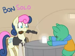 Size: 700x518 | Tagged: safe, artist:atlur, banned from derpibooru, deleted from derpibooru, derpibooru import, bon bon, sweetie drops, ponified, pony, bonafied, bonpun, clothes, death, greedo, han shot first, han solo, mouth hold, pun, shirt, star wars