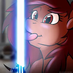 Size: 960x960 | Tagged: safe, artist:acesential, banned from derpibooru, deleted from derpibooru, derpibooru import, oc, oc:penny, unofficial characters only, pony, forbidden snack, imminent darwin award, imminent pain, lightsaber, solo, star wars, this will end in pain, this will end in tears, tongue out, too dumb to live, weapon, why