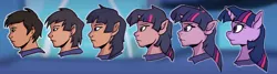 Size: 2980x800 | Tagged: safe, artist:acesential, banned from derpibooru, deleted from derpibooru, derpibooru import, twilight sparkle, bust, human to pony, profile, rule 63, transformation, transformation sequence, transgender transformation