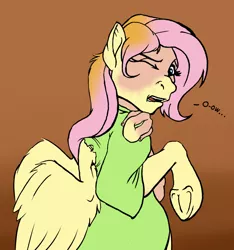 Size: 1000x1070 | Tagged: safe, artist:acesential, banned from derpibooru, deleted from derpibooru, derpibooru import, fluttershy, pegasus, pony, frog (hoof), human to pony, one eye closed, solo, transformation, underhoof