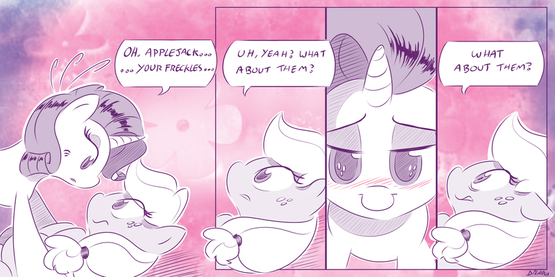 Size: 4000x2000 | Tagged: safe, artist:dilarus, banned from derpibooru, deleted from derpibooru, derpibooru import, applejack, rarity, meet-the-pones, bedroom eyes, blushing, clueless, comic, female, lesbian, on back, one sided shipping, rarijack, shipping, that pony sure does love freckles