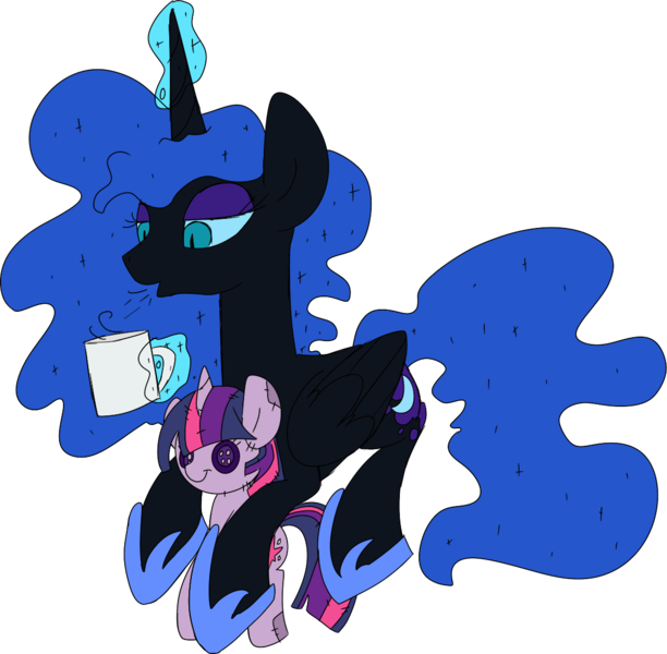 Size: 1131x1108 | Tagged: safe, artist:taaffeiite, banned from derpibooru, deleted from derpibooru, derpibooru import, nightmare moon, twilight sparkle, implied twimoon, twilight sparkle plushie