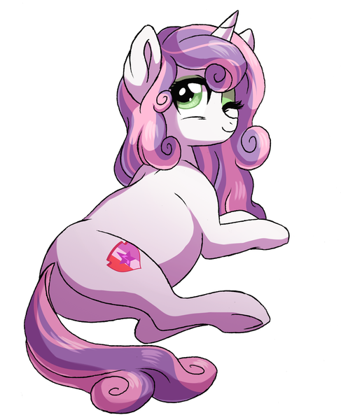 Size: 900x1109 | Tagged: safe, artist:lopoddity, banned from derpibooru, deleted from derpibooru, derpibooru import, sweetie belle, pandoraverse, cutie mark, older, one eye closed, pregnant, simple background, solo, the cmc's cutie marks, white background, wink