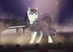 Size: 1024x726 | Tagged: safe, artist:dvixie, banned from derpibooru, deleted from derpibooru, derpibooru import, coloratura, earth pony, pony, the mane attraction, clothes, dress, female, fog, gown, mare, musical instrument, open mouth, piano, rara, scene interpretation, singing, solo, stage, the magic inside