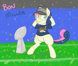 Size: 765x650 | Tagged: safe, artist:atlur, banned from derpibooru, deleted from derpibooru, derpibooru import, bon bon, sweetie drops, pony, american football, bipedal, bonafied, bonpun, clothes, denver broncos, glasses, hat, nfl, nfl playoffs, pun, shirt, solo, sports, super bowl, super bowl 50, super bowl 50 champions, super bowl champions, trophy, von miller