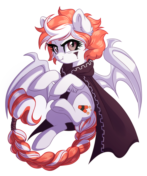 Size: 1024x1226 | Tagged: safe, artist:lopoddity, banned from derpibooru, deleted from derpibooru, derpibooru import, oc, oc:firecracker, unofficial characters only, bat pony, pony, cape, chest fluff, clothes, solo