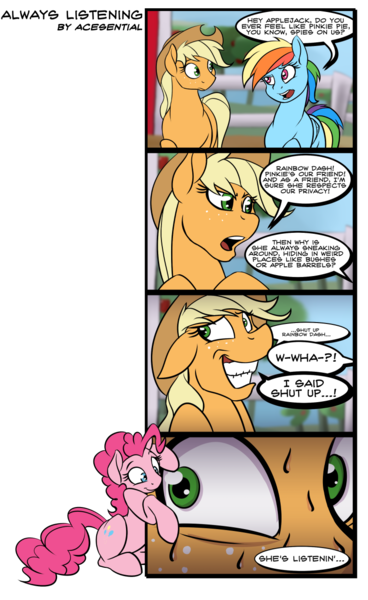 Size: 800x1304 | Tagged: safe, artist:acesential, banned from derpibooru, deleted from derpibooru, derpibooru import, applejack, pinkie pie, rainbow dash, earth pony, pegasus, pony, apple, apple tree, applejack's hat, comic, cowboy hat, dialogue, eye contact, floppy ears, food, forced smile, fourth wall, grin, hat, looking at each other, open mouth, paranoia fuel, scared, sitting, smiling, speech bubble, spying, stalker, sweat, tree