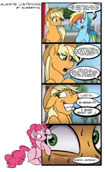 Size: 800x1304 | Tagged: safe, artist:acesential, banned from derpibooru, deleted from derpibooru, derpibooru import, applejack, pinkie pie, rainbow dash, earth pony, pegasus, pony, apple, apple tree, applejack's hat, comic, cowboy hat, dialogue, eye contact, floppy ears, food, forced smile, fourth wall, grin, hat, looking at each other, open mouth, paranoia fuel, scared, sitting, smiling, speech bubble, spying, stalker, sweat, tree