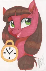 Size: 1024x1581 | Tagged: safe, artist:dvixie, banned from derpibooru, deleted from derpibooru, derpibooru import, oc, oc:macdolia, unofficial characters only, earth pony, pony, bust, pigtails, pocket watch, portrait, smiling, swufest, traditional art
