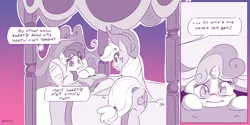 Size: 4000x2000 | Tagged: safe, artist:dilarus, banned from derpibooru, deleted from derpibooru, derpibooru import, apple bloom, applejack, big macintosh, granny smith, sweetie belle, earth pony, pony, unicorn, meet-the-pones, apple family, bed, blushing, caught, comic, exploitable meme, female, implied sweetiebloom, meme, one sided shipping, siblings, sisters, stalker, trio, trio female, under the bed
