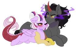 Size: 1279x801 | Tagged: safe, artist:lopoddity, banned from derpibooru, deleted from derpibooru, derpibooru import, king sombra, oc, oc:eris, hybrid, canon x oc, female, interspecies offspring, male, offspring, parent:discord, parents:discolight, parent:twilight sparkle, shipping, straight