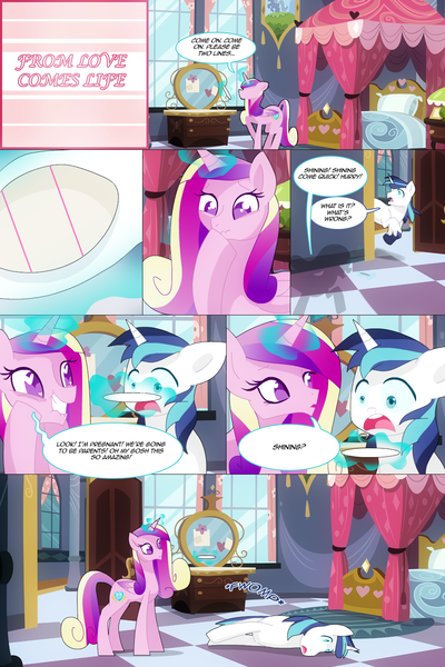 Size: 1000x1500 | Tagged: safe, artist:little-tweenframes, banned from derpibooru, deleted from derpibooru, derpibooru import, princess cadance, shining armor, comic, dialogue, faint, flop, from love comes life, frown, grin, heart eyes, levitation, lip bite, magic, open mouth, pregnancy test, shocked, side, smiling, squee, telekinesis, wavy mouth, wide eyes, wingding eyes