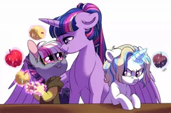 Size: 1096x728 | Tagged: safe, artist:lopoddity, banned from derpibooru, deleted from derpibooru, derpibooru import, twilight sparkle, twilight sparkle (alicorn), oc, oc:moondancer, oc:pandora, alicorn, draconequus, hybrid, pony, unicorn, pandoraverse, apple, cute, draconequus oc, female, food, interspecies offspring, jealous, levitation, magic, mama twilight, mare, mother and child, mother and daughter, next generation, ocbetes, offspring, parent:discord, parent:prince blueblood, parent:trixie, parent:twilight sparkle, parents:bluetrix, parents:discolight, scowl, simple background, telekinesis, white background