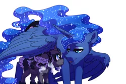 Size: 1280x853 | Tagged: safe, artist:lopoddity, banned from derpibooru, deleted from derpibooru, derpibooru import, princess luna, oc, oc:artemis, alicorn, hybrid, pony, pandoraverse, agender, alicorn oc, bedroom eyes, comforting, curved horn, cute, ethereal mane, eye contact, female, floppy ears, frown, glare, horn, hug, interspecies offspring, looking at each other, mother and child, next generation, offspring, parent:daedalus ravenwing, parent:princess luna, parents:canon x oc, scared, shade, simple background, smiling, spread wings, starry mane, tail feathers, unknown sex, white background, winghug, wings