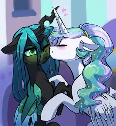 Size: 3004x3281 | Tagged: safe, artist:lopoddity, banned from derpibooru, deleted from derpibooru, derpibooru import, princess celestia, queen chrysalis, alicorn, pony, pandoraverse, :t, alternate hairstyle, blushing, boop, chryslestia, colorful blushing, cute, cutealis, cutelestia, embarrassed, eyes closed, female, floppy ears, foe yay, frown, heart, horn, horns are touching, hug, kissing, lesbian, mare, nose wrinkle, nuzzling, one eye closed, ponytail, scrunchy face, shipping, smiling, story included, tsundalis, tsundere, unamused, wink