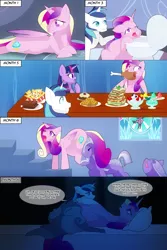 Size: 1000x1500 | Tagged: suggestive, artist:little-tweenframes, banned from derpibooru, deleted from derpibooru, derpibooru import, princess cadance, shining armor, twilight sparkle, chips, chocolate, comic, cravings, cupcake, food, from love comes life, meat, morning sickness, nachos, ponies eating meat, pregnant, sandwich, toilet