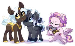 Size: 1280x789 | Tagged: safe, artist:lopoddity, banned from derpibooru, deleted from derpibooru, derpibooru import, princess skyla, changeling queen oc, oc, oc:artemis, oc:pandora, oc:princess iridescence, alicorn, changeling, changeling queen, changepony, draconequus, hippogriff, hybrid, pegasus, pony, pandoraverse, agender, alicorn oc, brown changeling, cute, draconequus oc, ethereal mane, female, foal, horn, interspecies offspring, magical lesbian spawn, markings, next generation, ocbetes, offspring, parent:daedalus ravenwing, parent:discord, parent:princess cadance, parent:princess celestia, parent:princess luna, parent:queen chrysalis, parent:shining armor, parent:twilight sparkle, parents:canon x oc, parents:chryslestia, parents:discolight, parents:shiningcadance, simple background, skylabetes, tail feathers, tongue out, unknown sex, weapons-grade cute, white background, wings, yellow changeling