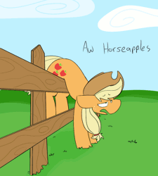 Size: 900x1000 | Tagged: safe, artist:input-command, banned from derpibooru, deleted from derpibooru, derpibooru import, applejack, earth pony, pony, animated, cloud, female, fence, frown, horse problems, lidded eyes, mare, open mouth, silly, silly pony, solo, stuck, text, unamused