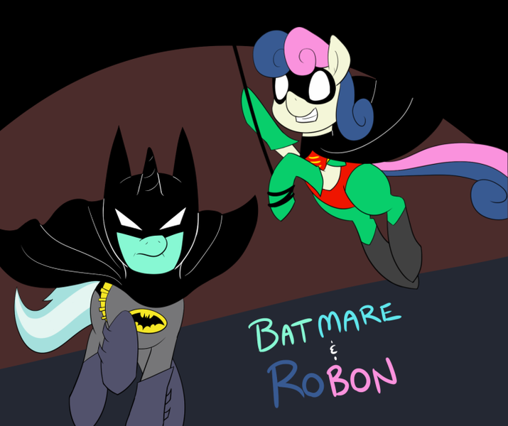 Size: 750x629 | Tagged: safe, artist:atlur, banned from derpibooru, deleted from derpibooru, derpibooru import, bon bon, lyra heartstrings, sweetie drops, batman, batman and robin, bonafied, bonpun, clothes, costume, grin, mask, pun, robin, smiling