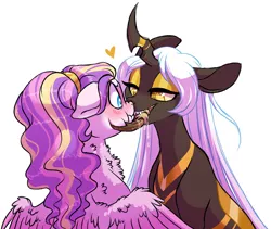 Size: 1024x863 | Tagged: semi-grimdark, suggestive, artist:lopoddity, banned from derpibooru, deleted from derpibooru, derpibooru import, princess skyla, changeling queen oc, oc, oc:princess iridescence, changeling, changeling queen, changepony, hybrid, pandoraverse, adoracreepy, blushing, boop, brown changeling, creepy, cute, drool, female, interspecies, interspecies offspring, kissing, lesbian, magical lesbian spawn, mandibles, next generation, noseboop, offspring, parent:princess cadance, parent:princess celestia, parent:queen chrysalis, parents:chryslestia, parent:shining armor, parents:shiningcadance, scaroused, scrunchy face, shipping, skyladescence, yellow changeling