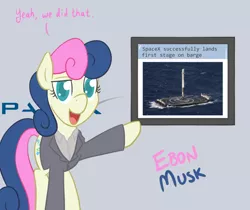 Size: 700x588 | Tagged: safe, artist:atlur, banned from derpibooru, deleted from derpibooru, derpibooru import, bon bon, sweetie drops, autonomous spaceport drone ship, bonafied, bonpun, clothes, dialogue, elon musk, falcon 9, looking at you, open mouth, pointing, pun, raised eyebrow, rocket, shirt, smiling, solo, spacex, suit