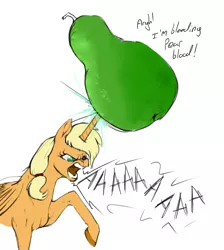 Size: 1509x1684 | Tagged: safe, artist:sand-filled-scarecrow, banned from derpibooru, deleted from derpibooru, derpibooru import, applejack, alicorn, pony, aaaaaaaaaa, alicornified, applecorn, food, hilarious in hindsight, horn, horn impalement, not salmon, pear, race swap, simple background, that pony sure does hate pears, violence, wat, white background