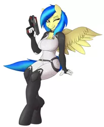 Size: 2000x2443 | Tagged: safe, artist:booponies, banned from derpibooru, deleted from derpibooru, derpibooru import, oc, oc:silvia, unofficial characters only, anthro, pegasus, unguligrade anthro, bodysuit, breasts, cleavage, collar, crossover, female, gun, image, jpeg, looking at you, mass effect, miranda lawson, one eye closed, pinup, sitting, solo, spread wings, weapon, wings, wink