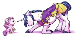 Size: 1280x604 | Tagged: safe, artist:lopoddity, banned from derpibooru, deleted from derpibooru, derpibooru import, princess skyla, shining armor, pandoraverse, armor, bow, cute, eyes closed, father and child, father and daughter, female, horseshoes, male, next generation, offspring, parent:princess cadance, parent:shining armor, parents:shiningcadance, princess, raised hoof, scar, smiling, torn ear, unshorn fetlocks