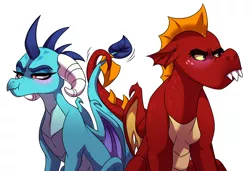 Size: 1280x875 | Tagged: safe, artist:lopoddity, banned from derpibooru, deleted from derpibooru, derpibooru import, garble, princess ember, dragon, pandoraverse, gauntlet of fire, blushing, courtship, emble, female, male, scrunchy face, shipping, straight, tsundember, tsundere