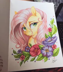 Size: 1024x1172 | Tagged: safe, artist:dvixie, banned from derpibooru, deleted from derpibooru, derpibooru import, fluttershy, pony, beautiful, bust, cute, female, flower, looking at you, mare, markers, photo, portrait, shyabetes, solo, traditional art