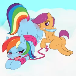 Size: 2000x2000 | Tagged: suggestive, artist:saurian, banned from derpibooru, deleted from derpibooru, derpibooru import, rainbow dash, scootaloo, pegasus, pony, age difference, anus, blushing, bondage, bound wings, collar, dashsub, dock, female, femsub, filly, filly on mare, foalcon, foaldom, leash, lesbian, mare, mare on filly, missing cutie mark, nudity, one eye closed, scootadash, scootadom, shipping, simplistic anus, submissive, tongue out, underage, wings